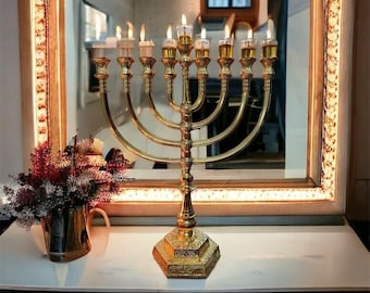 Menorah 9 Branch  Brass Copper MASSIVE 16 Inch Height Menorah Hanukkah Chanukia Israel EXPRESS SHIP