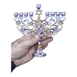 Regal Purple Gold Hanukkah Menorah Star of David | Crystal Jewish Art Gift | Judaica Home Decor Chanukah Lamp | Unique Hanukiah