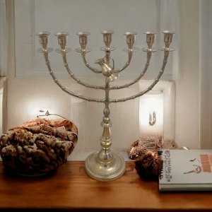 XLarge Brass 7 Seven - Branch Menorah with Decorative Jug| Traditional Jewish Candlestick for Home Decor & Judaica Gift 18.5"  - (47CM)