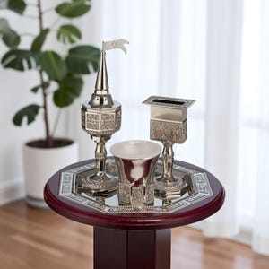 Elegant Silver-Tone Havdalah Set - 4 Piece Ritual Kit with Wood & Metal Tray - Jewish Home Holiday Gift