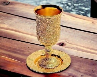 Exquisite Gold Kiddush Cup Set with Tray - Filigree Design - Traditional Jewish Judaica - 6&quot; High