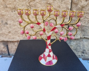 Hanukkah Menorah Pomegranate design 9 Branches branch Chanukah Candle Holder Decorated With Enamel