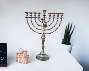 Hanukkah Hamukkia menorah 22.5" Inch (56cm) Height 9 Branches Brass + Jug