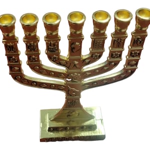 Authentic Menorah In Gold With 12 Tribes Of Israel  Signs From Jerusalem 4.75" 12 cm