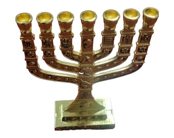 Authentic Menorah In Gold With 12 Tribes Of Israel  Signs From Jerusalem 4.75" 12 cm