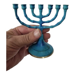 Antique Replica 5-Zoll-Kerzenhalter Patena Menorah Kupfer Fatima israel israel Patina Chanukka Design 7 Zweige