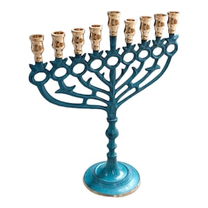 Blue Patina Brass Hanukkah Menorah: Handcrafted Judaica, Made in Israel