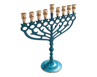 Hanukkah Hamukkia Pomegranates menorah 11" Inch (27cm) Height 9 Branches Brass copper patina plated