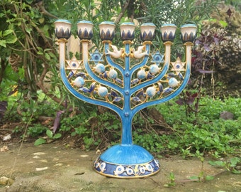 Menorah Jerusalem Enamel pewter 6.5 Inch Height 17Cm 7 Branches candle holder