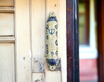 Kosher Mezuzah with Handwritten Scroll: blue Enamel & Pearl Judaica Gift