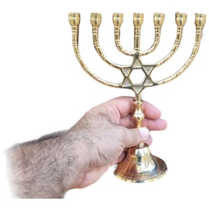 Menorah Candle Holder 7 Branch Yeshua Menora With Star Of David Brass Copper From Israel Height 8.6 Gold Color