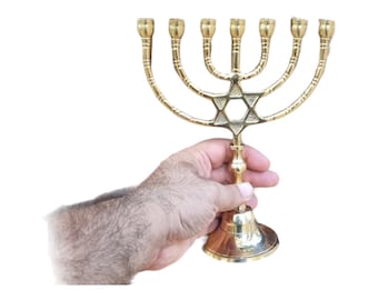 Menorah Candle Holder 7 Branch Yeshua Menora With Star Of David Brass Copper From Israel Height 8.6 Gold Color