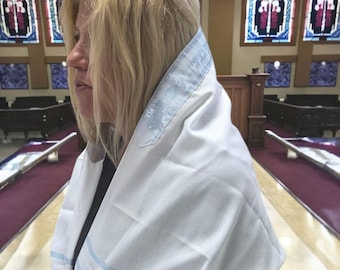 Light Blue Acrylic Tallit Prayer Shawl for Women / Bat Mitzvah Gift