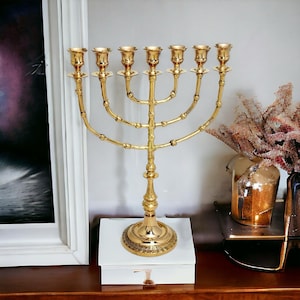 Grand 15-Inch Brass Menorah | Classic 7-Branch Jewish Candle Holder | Elegant Judaica Home Decor | Spiritual Gift from Israel