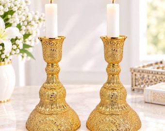Filigree Brass Shabbat Candlesticks Set, Taper & Oil Cup Holders (Set of 2)