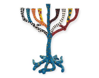 Menora levensboom - handgeschilderde emaille Chanoeka-menora, uniek joods huwelijkscadeau, levendig Chanoeka-decor, grote 12" aluminium chanukia
