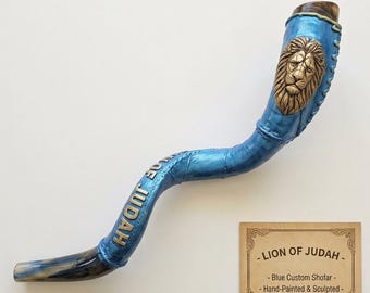 Blue Lion of Judah Kudu Shofar, Hand-Painted Leather Wrap, Messianic Judaica Gift (36"-40")