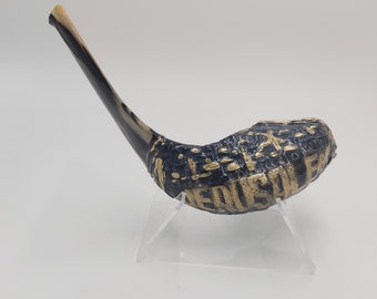 Handgjord shofar i ramshorn: Polerad Jerusalem-relief, tillverkad i Israel