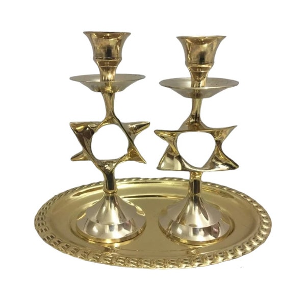 Paire de chandeliers de Shabbat en laiton push-up + chandeliers sur plateau Hauteur 14 cm ( 5,5 po. )