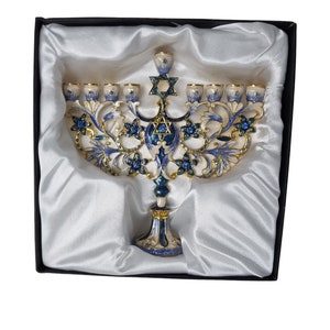Elegant Blue White Hanukkah Menorah Star of David | Metal Judaica Art Gift | Jewish Holiday Decor Chanukah Lamp | Unique Hanukiah