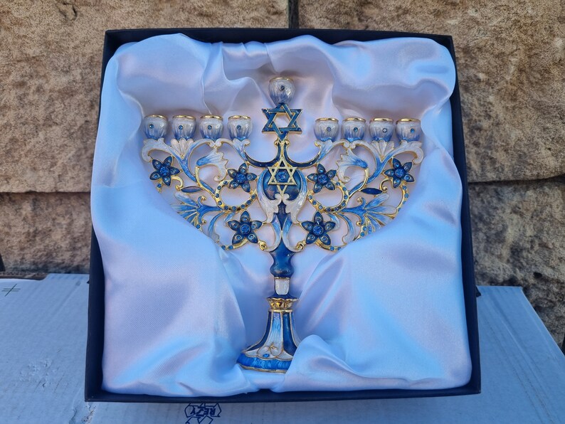 Hanukkah Menorah Star of David design 9 Branches Chanukah Candle Holder Decorated With Enamel