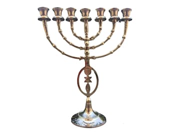 Grafted In Graftitin Messianic Oil Lamp Brass Copper Menorah 12" Judaica Israel 7 Candle Holder