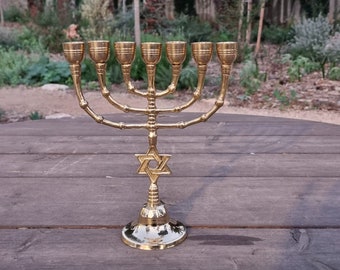 Menorah Candle Holder 7 Branch Yeshua Menora With Star Of David Brass Copper From Israel Height 9" Gold Color