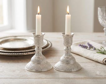Filigree Brass Shabbat Candlesticks Set, Taper & Oil Cup Holders (Set of 2)