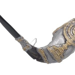 Handcrafted Menorah Shofar with Stand | Decorative Ram Horn | Jerusalem Gift | Christian Judaica Art | Messianic Home Decor