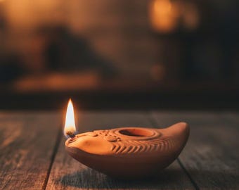 Single Herodian Olive Oil Lamp With Wick - Terra Cotta Biblical