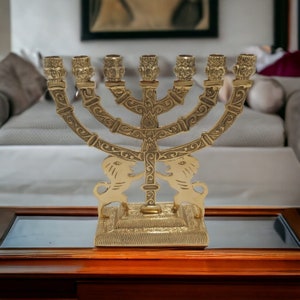 Menorah Brass Copper Gold 9" Inch Heigh Seven Branches 7 Candel Holder With 2 LION OF JUDAH Israel Art Menorahs