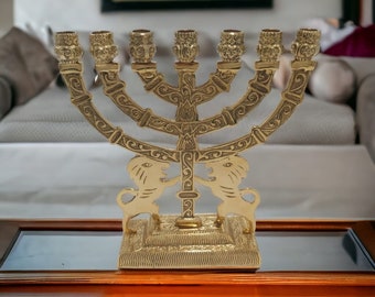 Menorah Brass Copper Gold 9" Inch Heigh Seven Branches 7 Candel Holder With 2 LION OF JUDAH Israel Art Menorahs