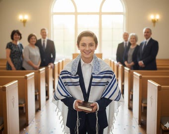 Könnte beinhalten: Ein junger Mensch in einem marineblauen Anzug und einem weißen Hemd, der einen Tallit mit blauen Streifen trägt, lächelt, während er ein Buch hält. Der Hintergrund ist eine Synagoge mit Holzbänken und einem großen Fenster. Familienmitglieder sind im Hintergrund.