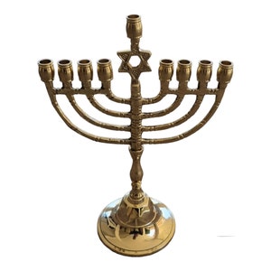 Brass Hanukkah Menorah with Star of David: Traditional Jewish Candelabrum