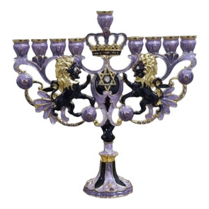 Regal Purple Black Hanukkah Menorah Lion of Judah | Crystal Jewish Art Gift | Judaica Home Decor Chanukah Lamp Unique Hanukiah