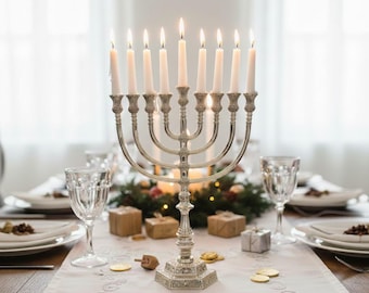 Large Chanukiah 16" Brass Hanukkah Menorah, Jerusalem Style, Jewish Wedding Gift