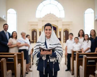 Op de afbeelding: Een jongere in een marineblauw pak en een witte gebedssjaal houdt een boek vast in een synagoge. Familieleden zijn op de achtergrond te zien. Het interieur heeft houten kerkbanken en een groot boogvormig raam.