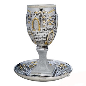 Kiddush Cup Cups Wine Set Sabbath Goblet Silver Plated + Plate Jerusalem Design Breastplate Wedding