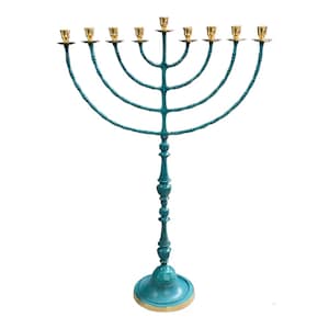 Monumental 37&quot; Patina Brass Hanukkah Menorah | Extra Large Jerusalem Temple Menorah | 9 Branch Judaica Art Statement Piece