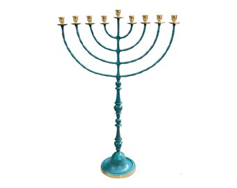 Menorah Hanokia Jcandel holder modern  For chanukah jerusalem Temple 37 Inch Height 94 cm 9 Branches Brass Patina plated XL blue Color