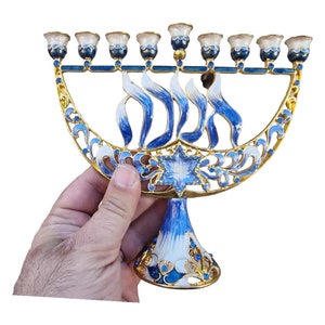Luxury Enamel Hanukkah Menorah with Gift Box | Hand-Painted Chanukiah | Jewish Art Hanukkah Gift | Blue & Gold Design | 7&quot; Height