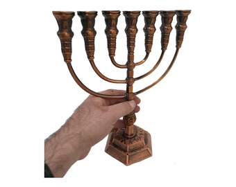 Menorah Menora candel holder modern Jerusalem Temple 11 Inch Height 28 Cm 7 Branches Brass L Copper color