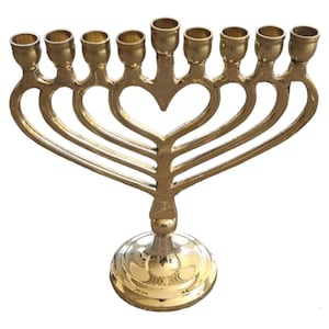 Hanukkah Menorah with Heart Design - 9 Branch Brass Chanukiah, 8&quot; Tall Jewish Gift