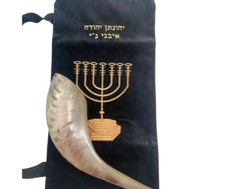 Ram Horn Shofar, Personalized Embroidered Bag, Kosher Israel Ritual Gift
