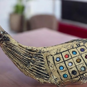 Gold Plated Shofar with Hoshen Stones | 12&quot;-14&quot; Ram&#39;s Horn with Stand | Authentic Judaica Art & Jewish Gift | LiamCenter