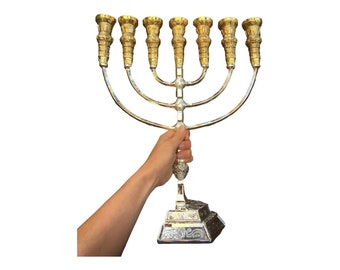 Menorah Tempio di Gerusalemme 17 pollici Altezza 43 cm 7 rami Placcato oro/argento XL