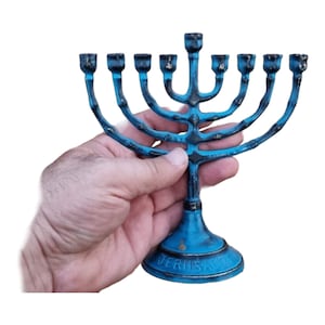 Hanukkah Hanukkia menorah 6.5" Inch Height 9 branch Branches Brass copper patina plated blue color
