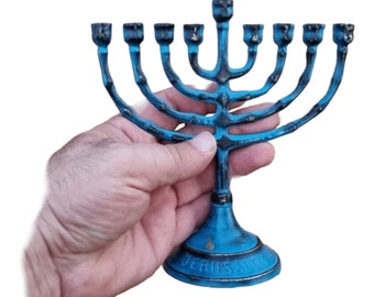 Hanukkah Hamukkia menorah 6,5" pollici Altezza 9 rami Rami Ottone rame patina placcato colore blu