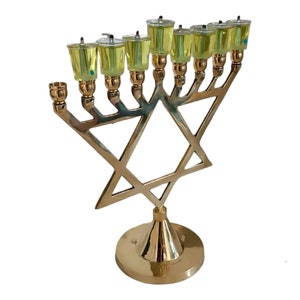 Title: Elegant Star of David Hanukkah Menorah - 9-Branch Gold Plated Chanoeka Lamp for Candles & Oil Cups