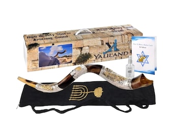 Shofar Yemenite Kudu Horn With Sterling Silver Plated  Menorah Jerusalem + Bag + odor spray+ Guide